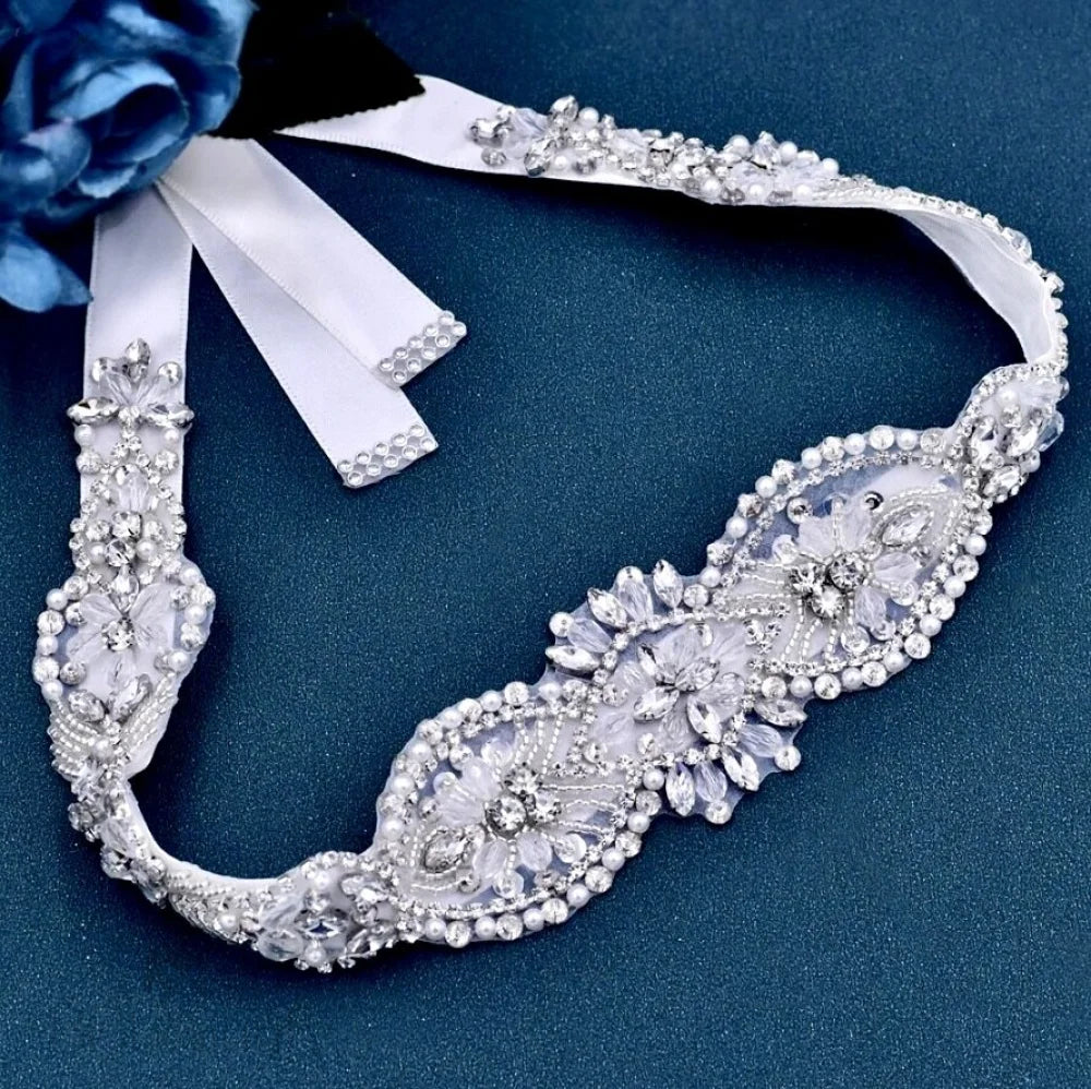 Darcy Silver Crystal Pearl Bridal Sash