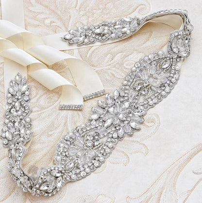 Darcy Silver Crystal Pearl Bridal Sash