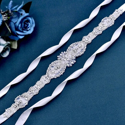 Darcy Silver Crystal Pearl Bridal Sash