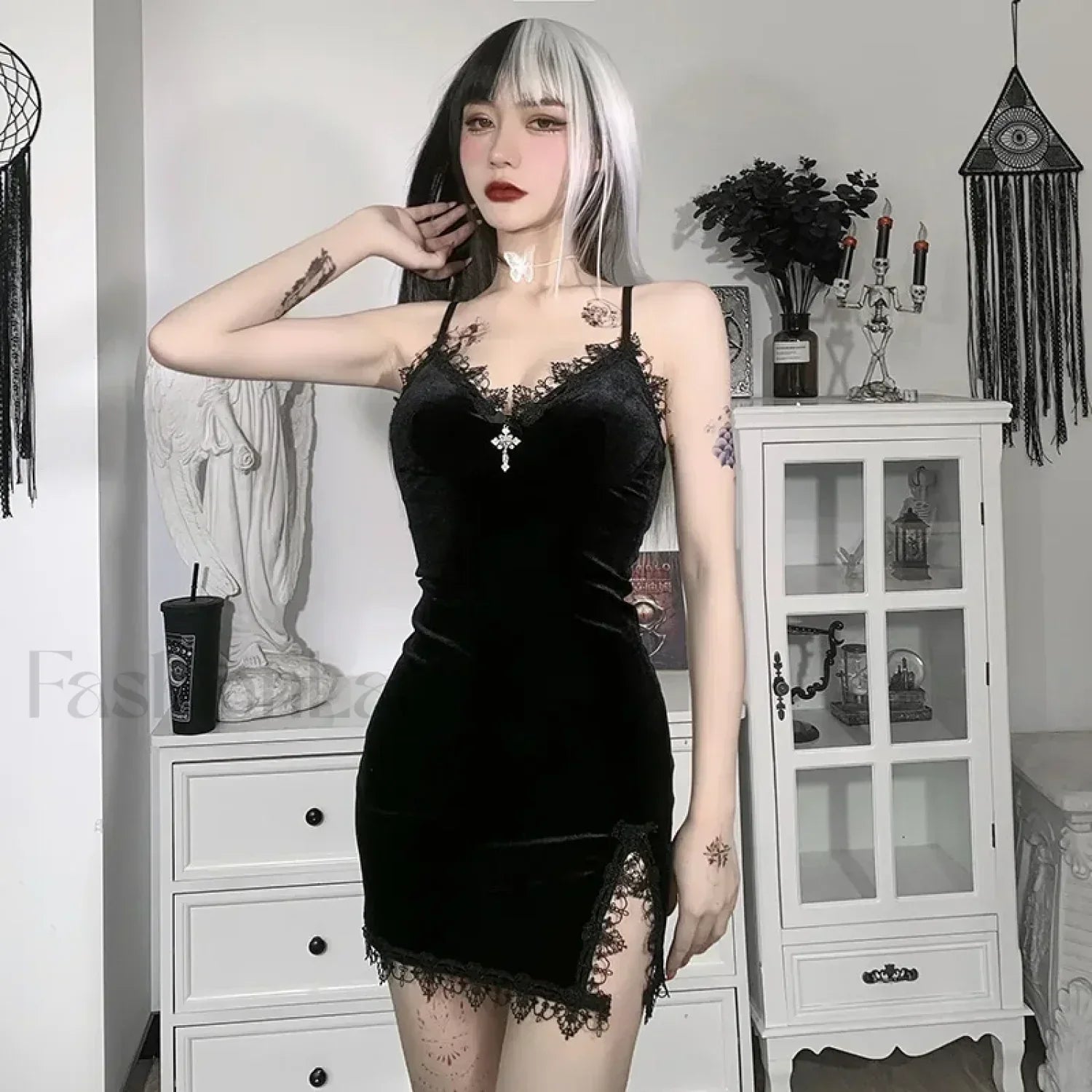 Dark Black Vintage Sexy Spaghetti Strap High Waist Slit Party Club Dress