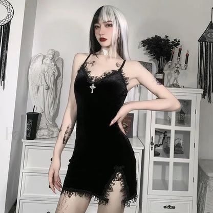 Dark Black Vintage Sexy Spaghetti Strap High Waist Slit Party Club Dress