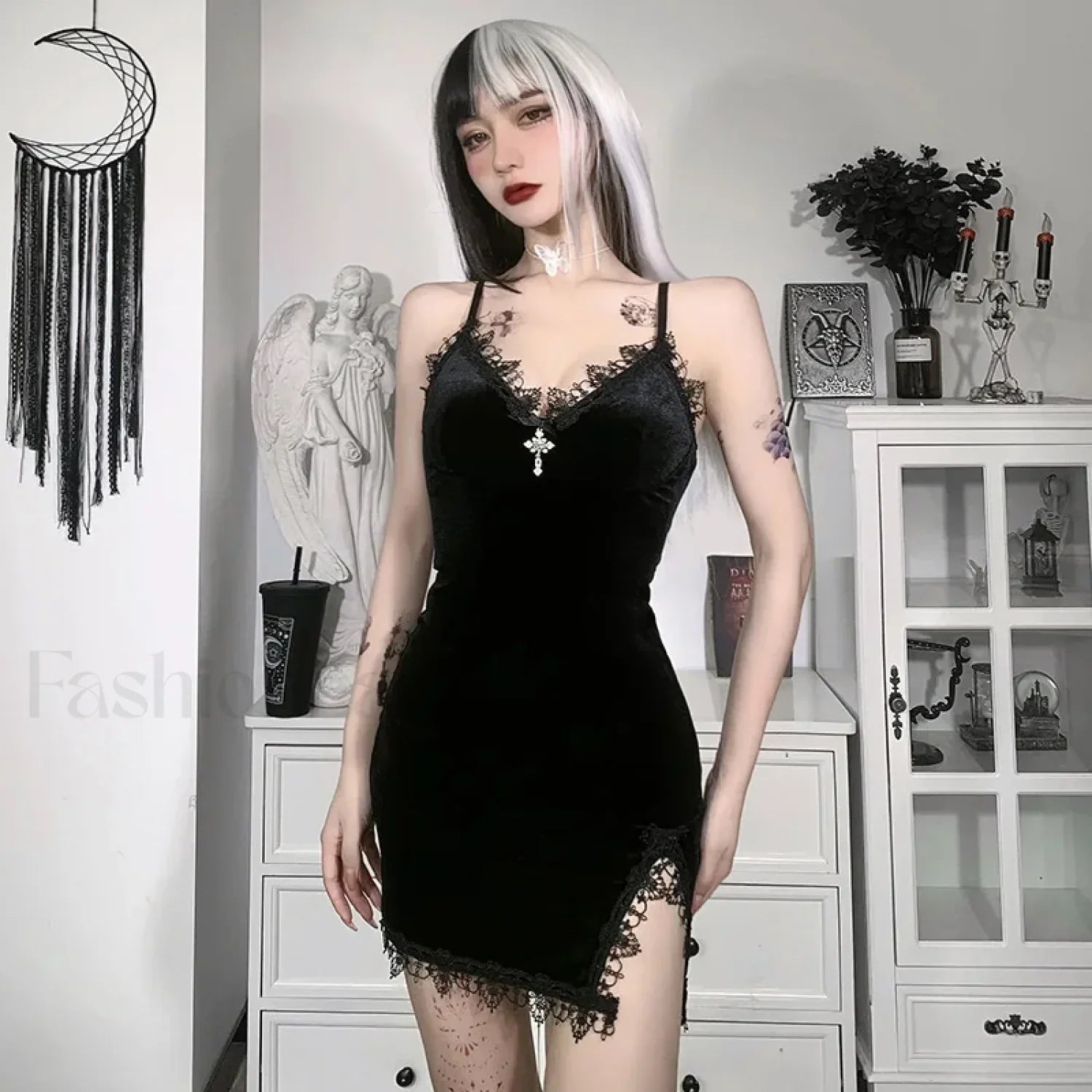 Dark Black Vintage Sexy Spaghetti Strap High Waist Slit Party Club Dress Black / S