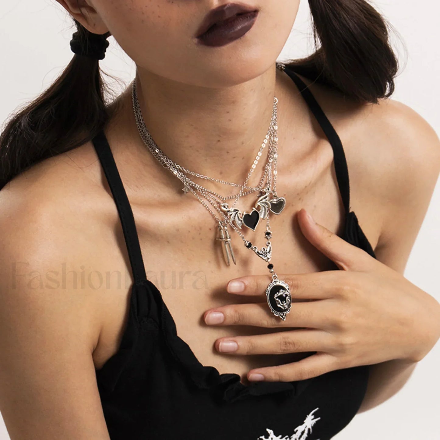 Dark Punk Heart Wing Sword Pendant Necklace for Halloween WHITE