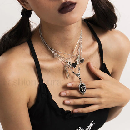 Dark Punk Heart Wing Sword Pendant Necklace for Halloween WHITE