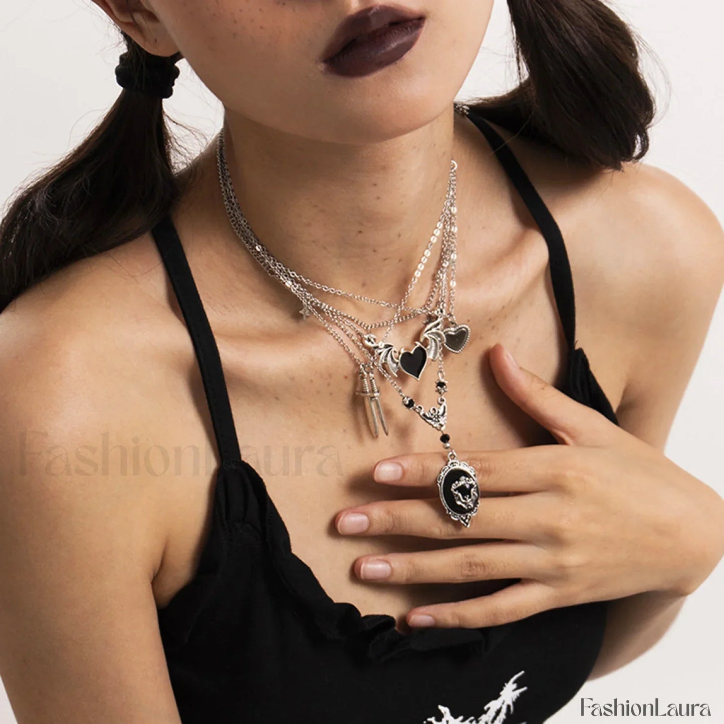 Dark Punk Heart Wing Sword Pendant Necklace for Halloween WHITE