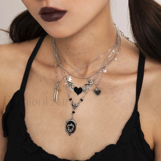 Dark Punk Heart Wing Sword Pendant Necklace for Halloween WHITE