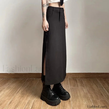 Dark Y2K Streetwear Black Cargo Midi Skirt with High Waist and Split Design
