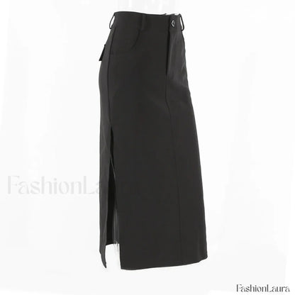 Dark Y2K Streetwear Black Cargo Midi Skirt with High Waist and Split Design BLACK / S