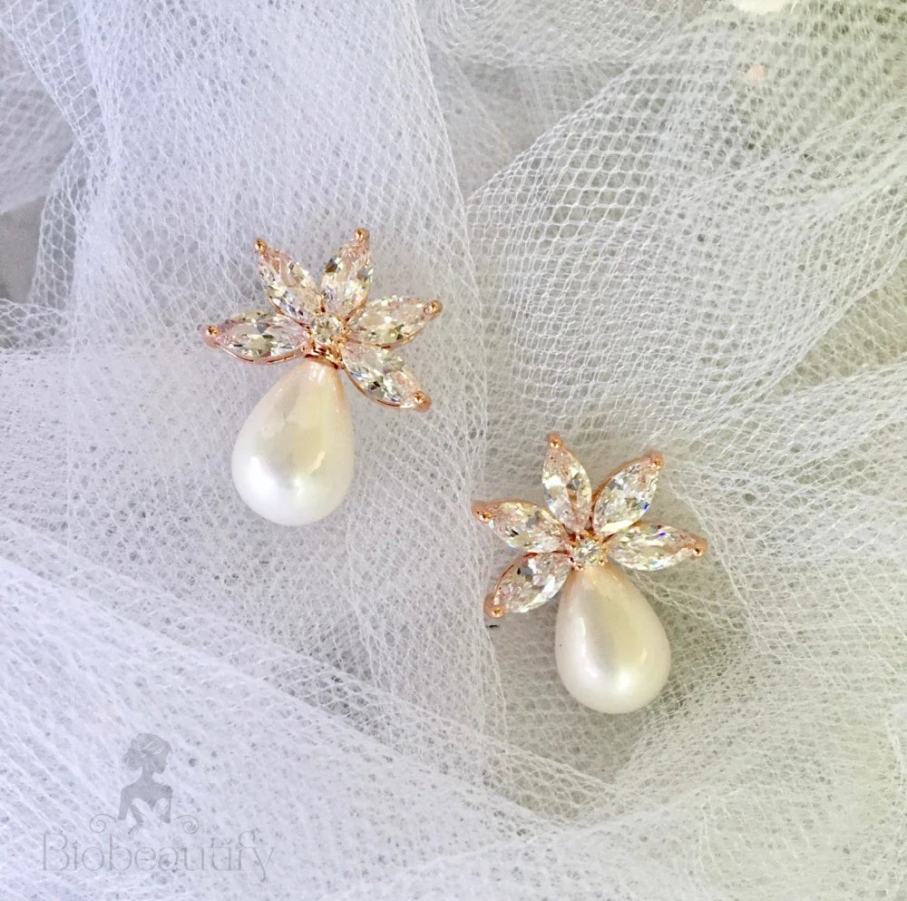 Darlene Bridal Earrings With Pearl And Cubic Zirconia In Silver Rose Gold