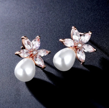 Darlene Bridal Earrings With Pearl And Cubic Zirconia In Silver Rose Gold