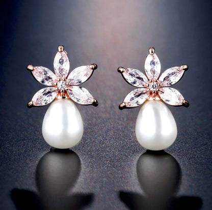 Wedding Jewelry - Pearl and Cubic Zirconia Bridal Earrings - Available in Silver and Rose Gold