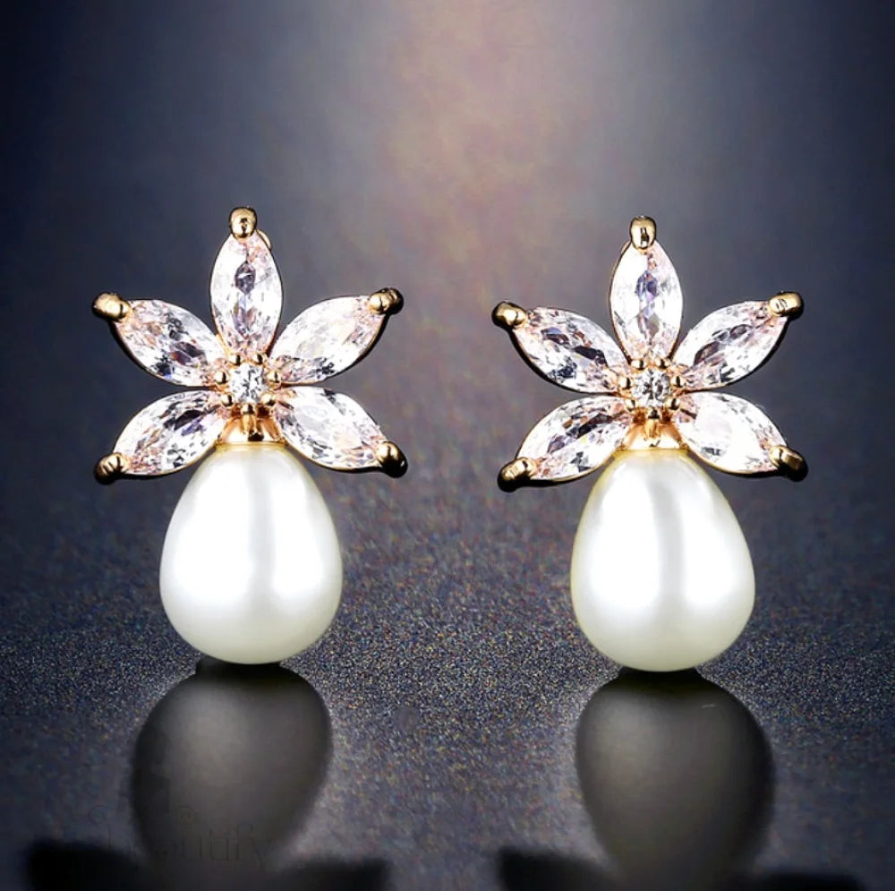 Wedding Jewelry - Pearl and Cubic Zirconia Bridal Earrings - Available in Silver and Rose Gold