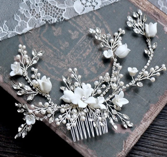 Dayna Silver Pearl Crystal Bridal Hair Comb Vine