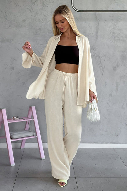 Relaxed Long Sleeve Shirt Straight Pants Set