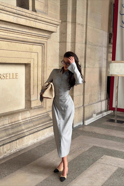 Elegant Long Sleeve Collared Midi Dress