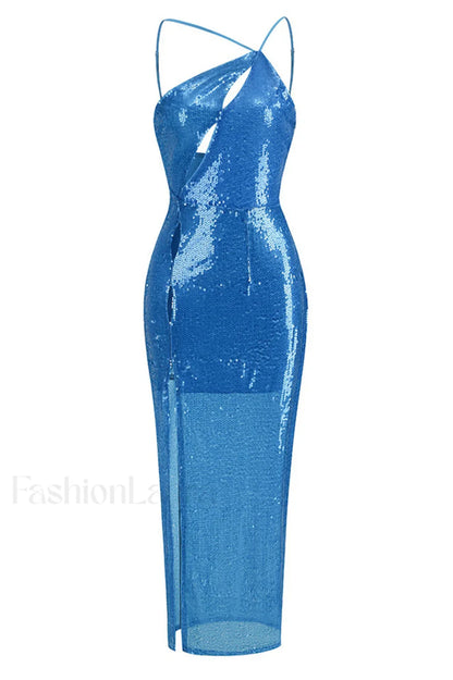 Deep Slit One Charming Shoulder Sequin Dress S / Blue