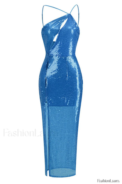 Deep Slit One Charming Shoulder Sequin Dress S / Blue