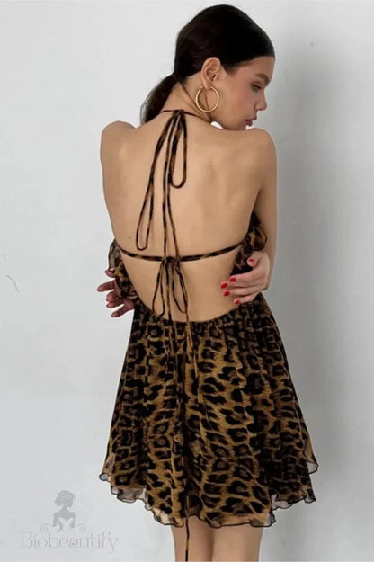 Deep V-Neck Backless Lace-Up Mini Dress