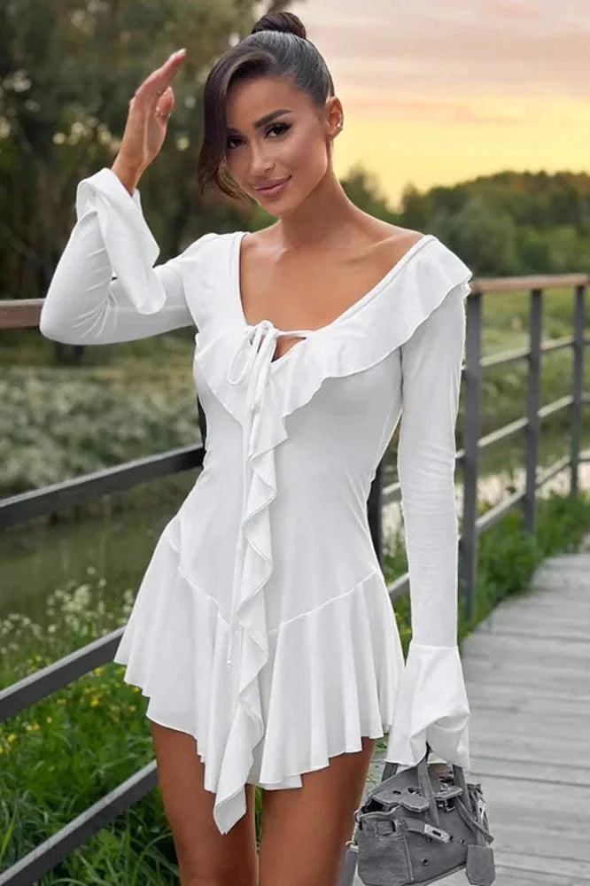 Deep V-Neck Bodycon Dress With Flared Sleeves