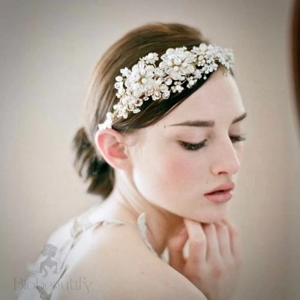 Deirdre Bridal Headband With Pearl And Crystal Accents In Gold Silver