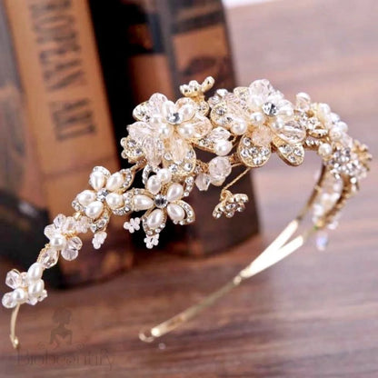 Deirdre Bridal Headband With Pearl And Crystal Accents In Gold Silver