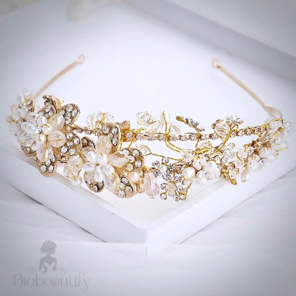 Deirdre Bridal Headband With Pearl And Crystal Accents In Gold Silver