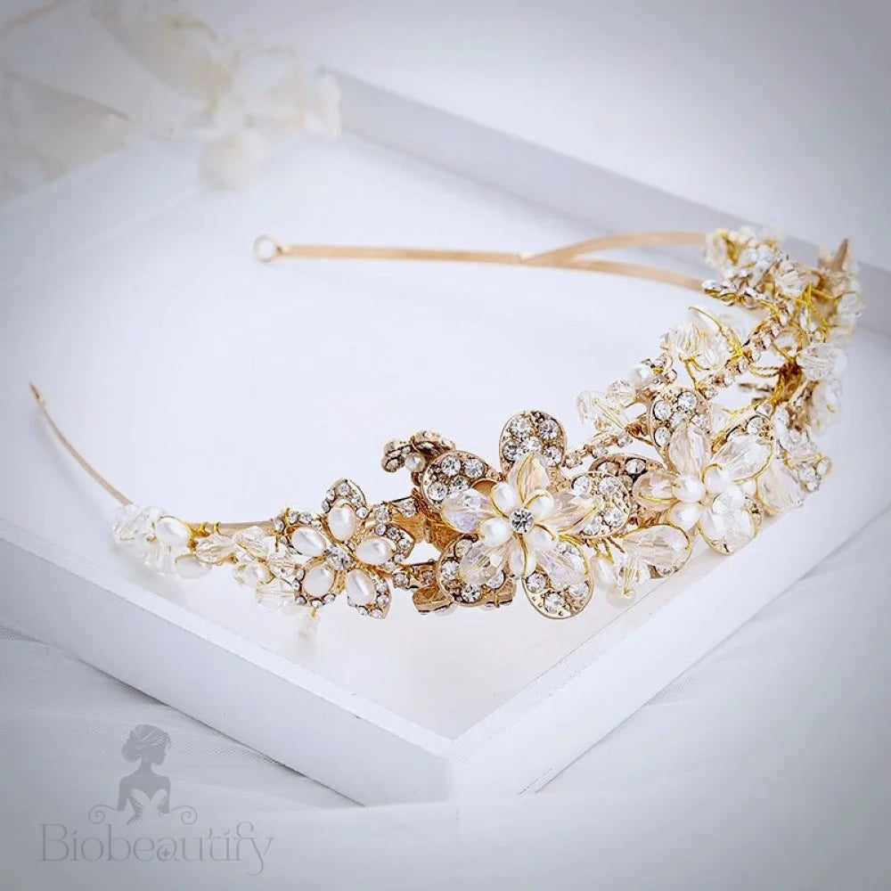 Deirdre Bridal Headband With Pearl And Crystal Accents In Gold Silver