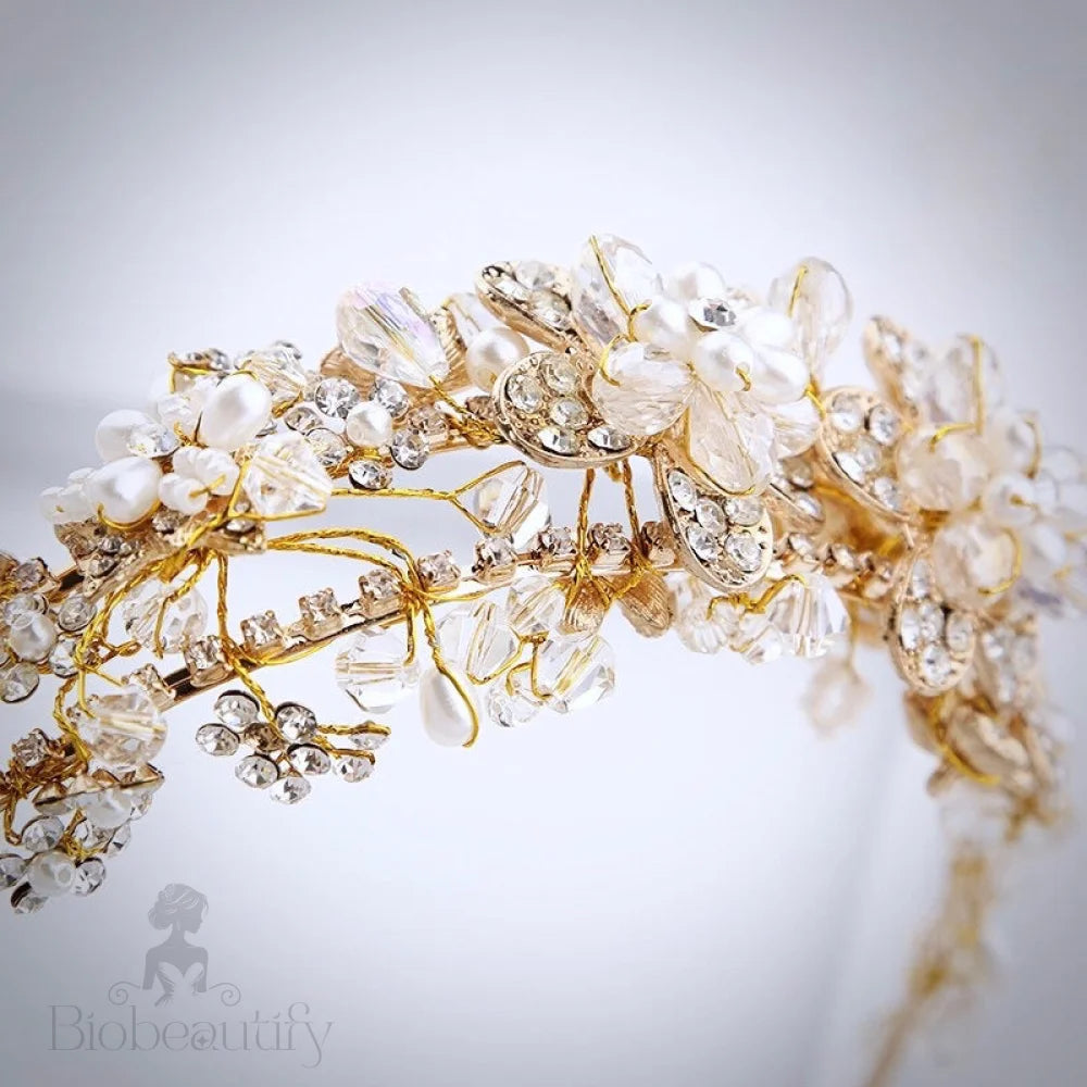 Deirdre Bridal Headband With Pearl And Crystal Accents In Gold Silver