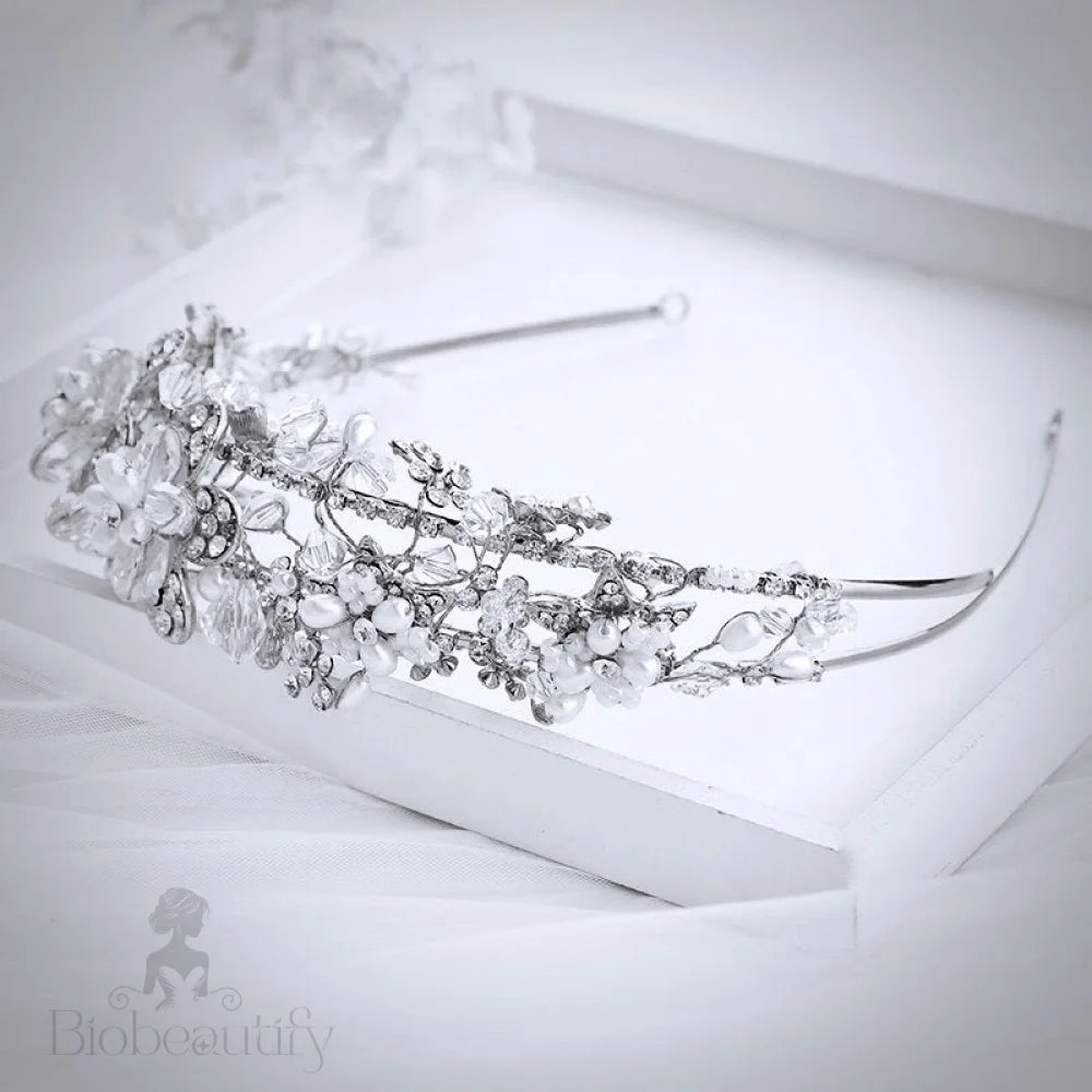 Deirdre Bridal Headband With Pearl And Crystal Accents In Gold Silver