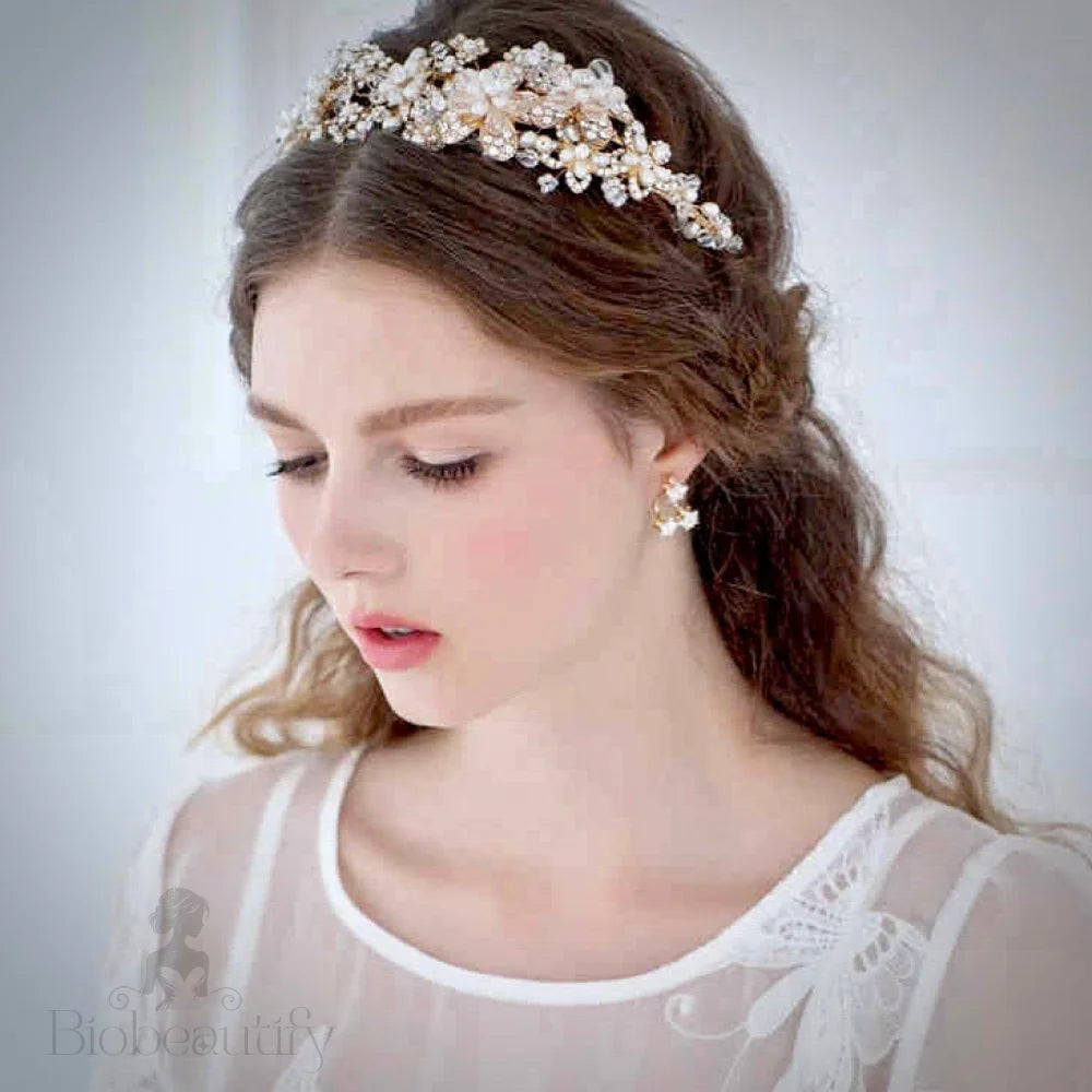 Deirdre Bridal Headband With Pearl And Crystal Accents In Gold Silver