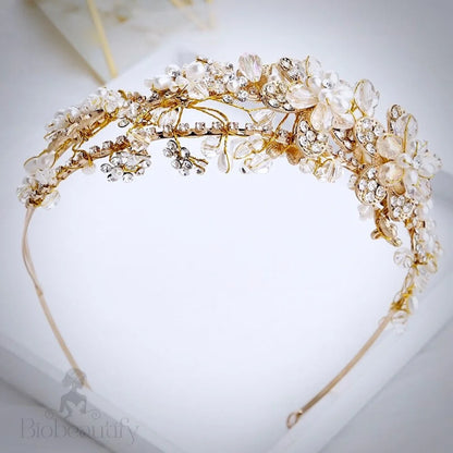 Deirdre Bridal Headband With Pearl And Crystal Accents In Gold Silver