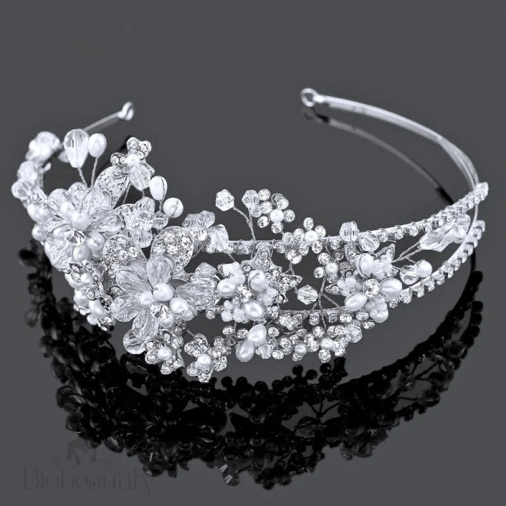 Deirdre Bridal Headband With Pearl And Crystal Accents In Gold Silver