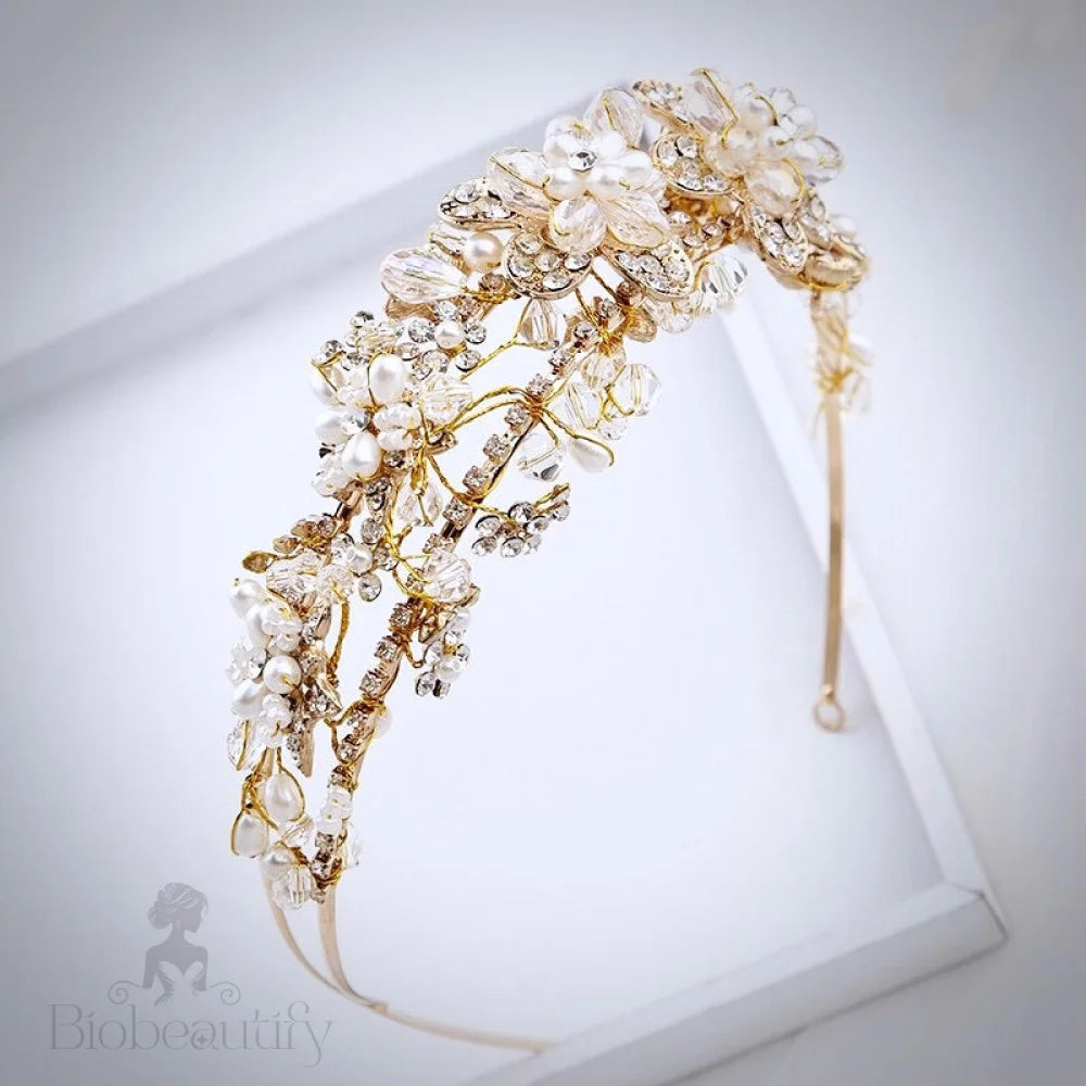 Deirdre Bridal Headband With Pearl And Crystal Accents In Gold Silver