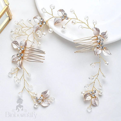 Demi Pearl And Crystal Bridal Headband Hair Vine - Yellow Gold Silver Rose Available