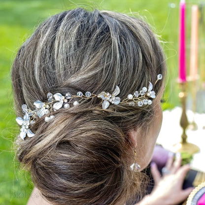 Demi Pearl And Crystal Bridal Headband Hair Vine - Yellow Gold Silver Rose Available