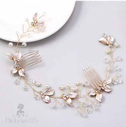 Demi Pearl And Crystal Bridal Headband Hair Vine - Yellow Gold Silver Rose Available