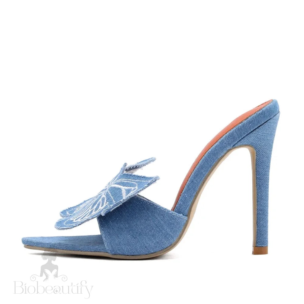 Denim Butterfly Flower Thin Heels Slipper For Women