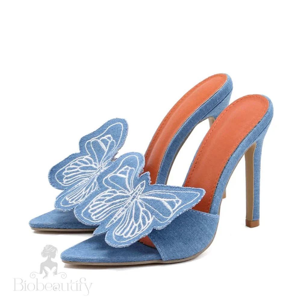 Denim Butterfly Flower Thin Heels Slipper For Women