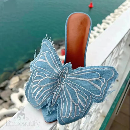 Denim Butterfly Flower Thin Heels Slipper For Women