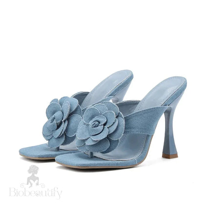 Denim Flowers Square Clip Toe Slippers With Thin High Heels For Summer Street Style Woman