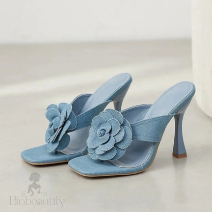 Denim Flowers Square Clip Toe Slippers With Thin High Heels For Summer Street Style Woman