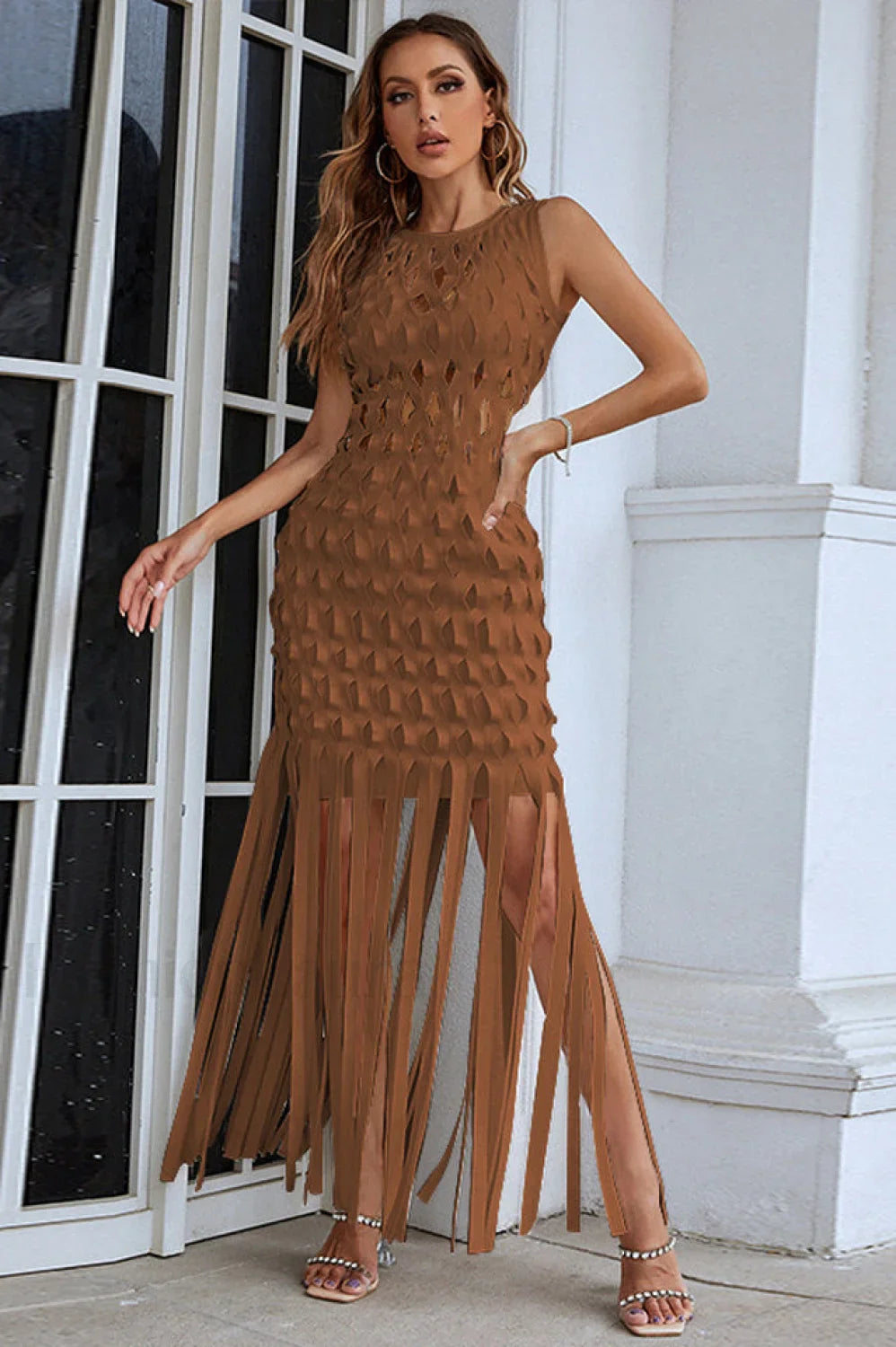 Denisa Sleeveless Stylish Tassel Dress S / Coffee
