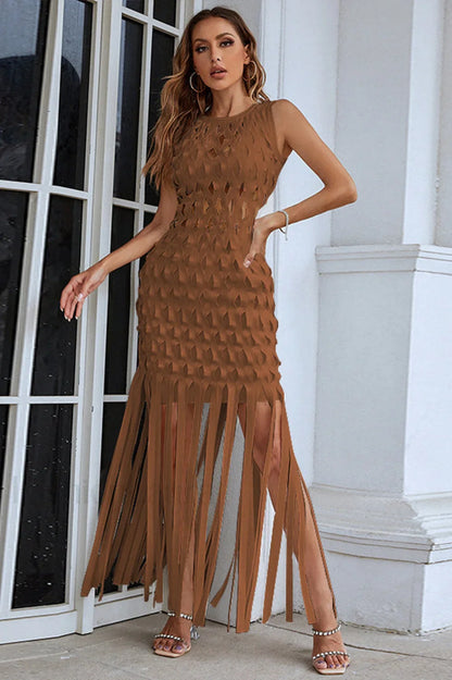 Denisa Sleeveless Stylish Tassel Dress S / Coffee