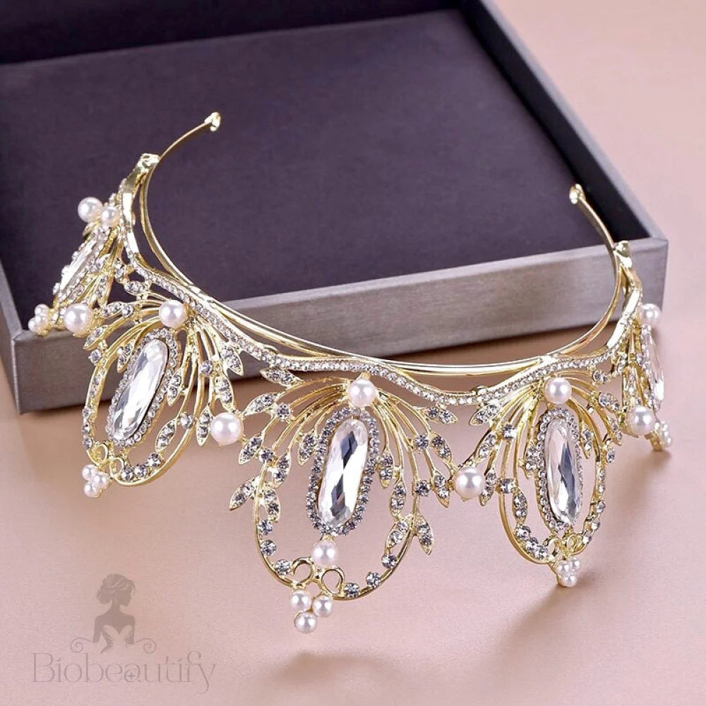 Deryn Gold Pearl Crystal Bridal Tiara