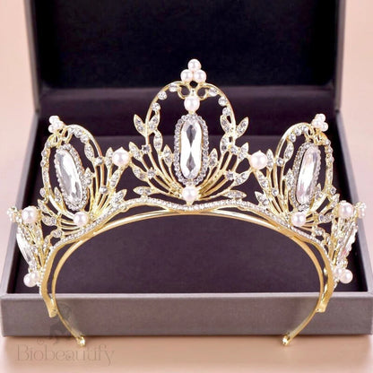 Deryn Gold Pearl Crystal Bridal Tiara