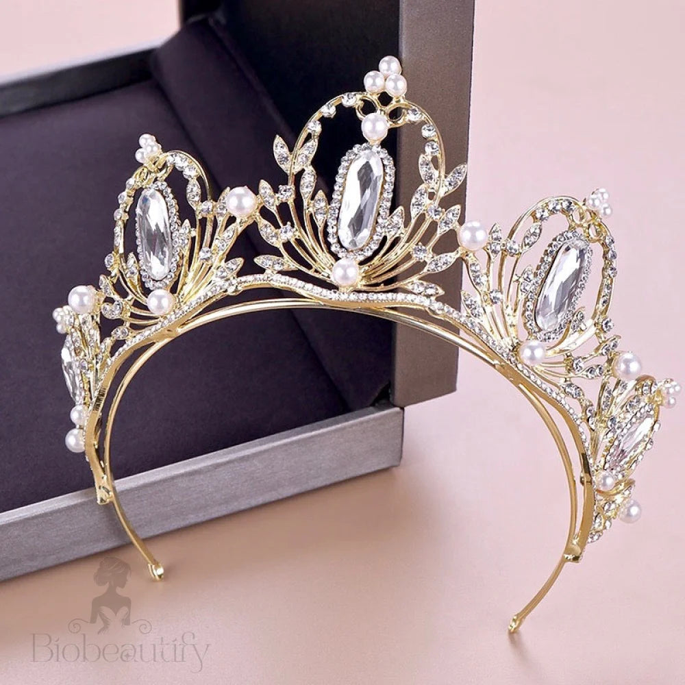 Deryn Gold Pearl Crystal Bridal Tiara