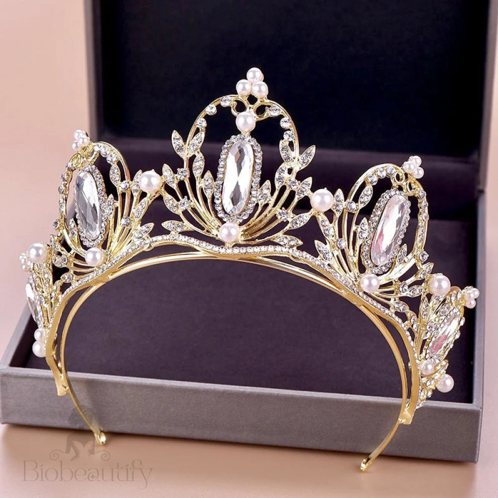 Deryn Gold Pearl Crystal Bridal Tiara