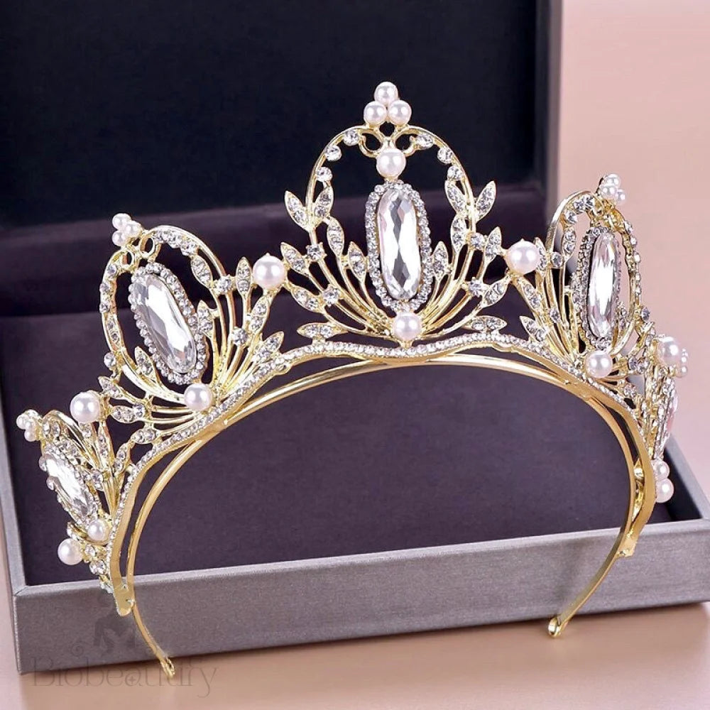 Deryn Gold Pearl Crystal Bridal Tiara