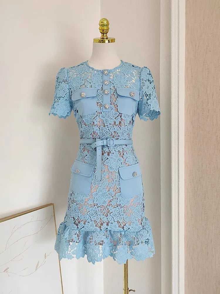 Genevia Rhinestone Lace Dress Blue / S