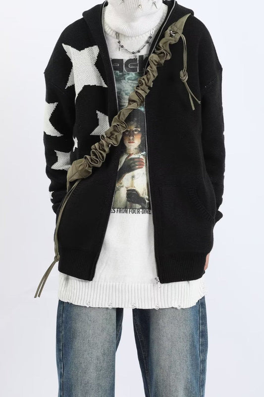Star Pattern Vintage Knit Zip Up Hoodie